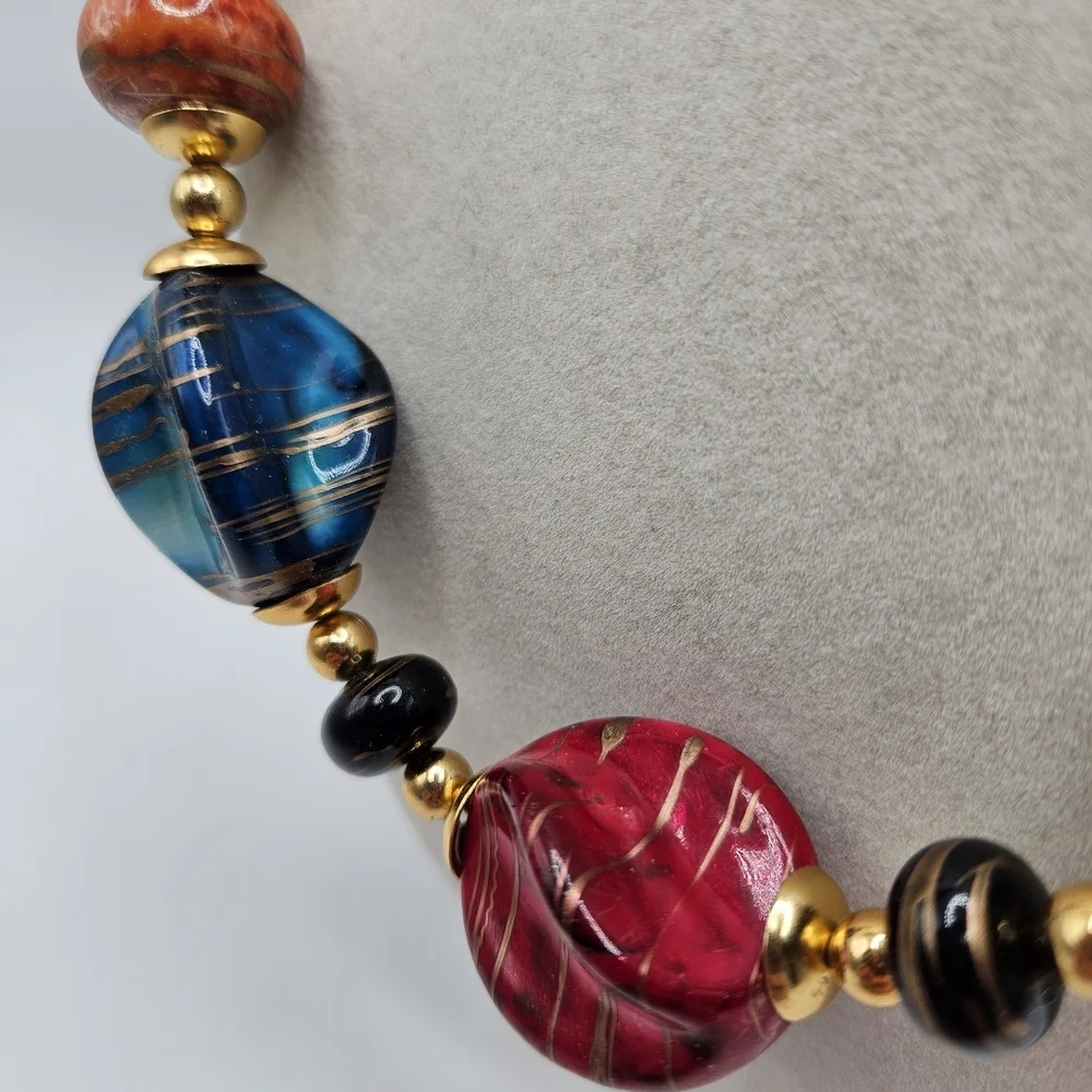 VINTAGE Chunky Gold Swirl Multicolor Resin Beaded Strand Necklace